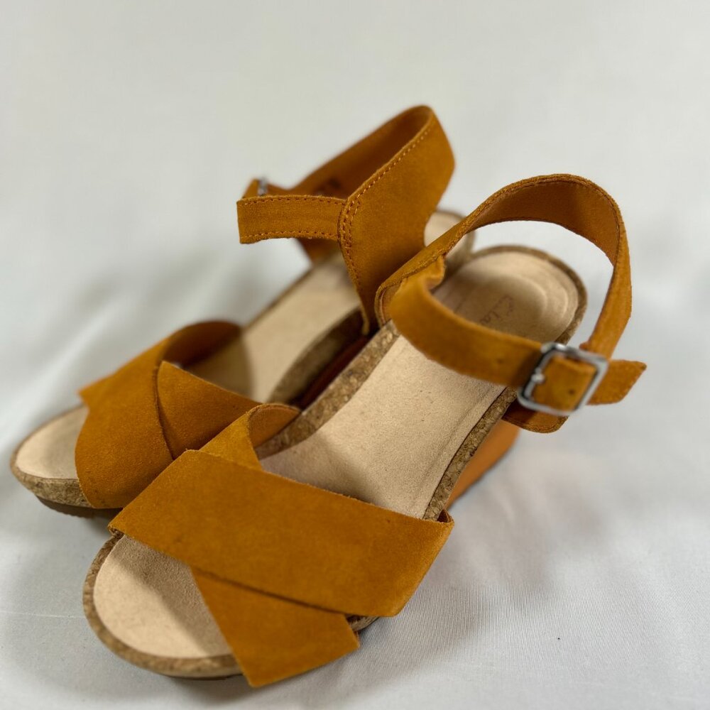 Clarks Orange Suede Wedge Sandals - Picture 2 of 12